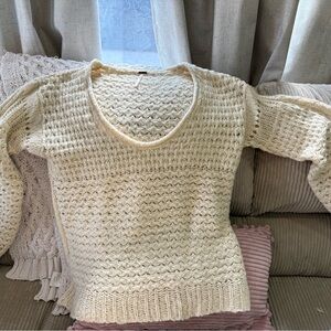 Free People Crashing Waves Cream V-Neck Boho Pullover Crochet Sweater Small